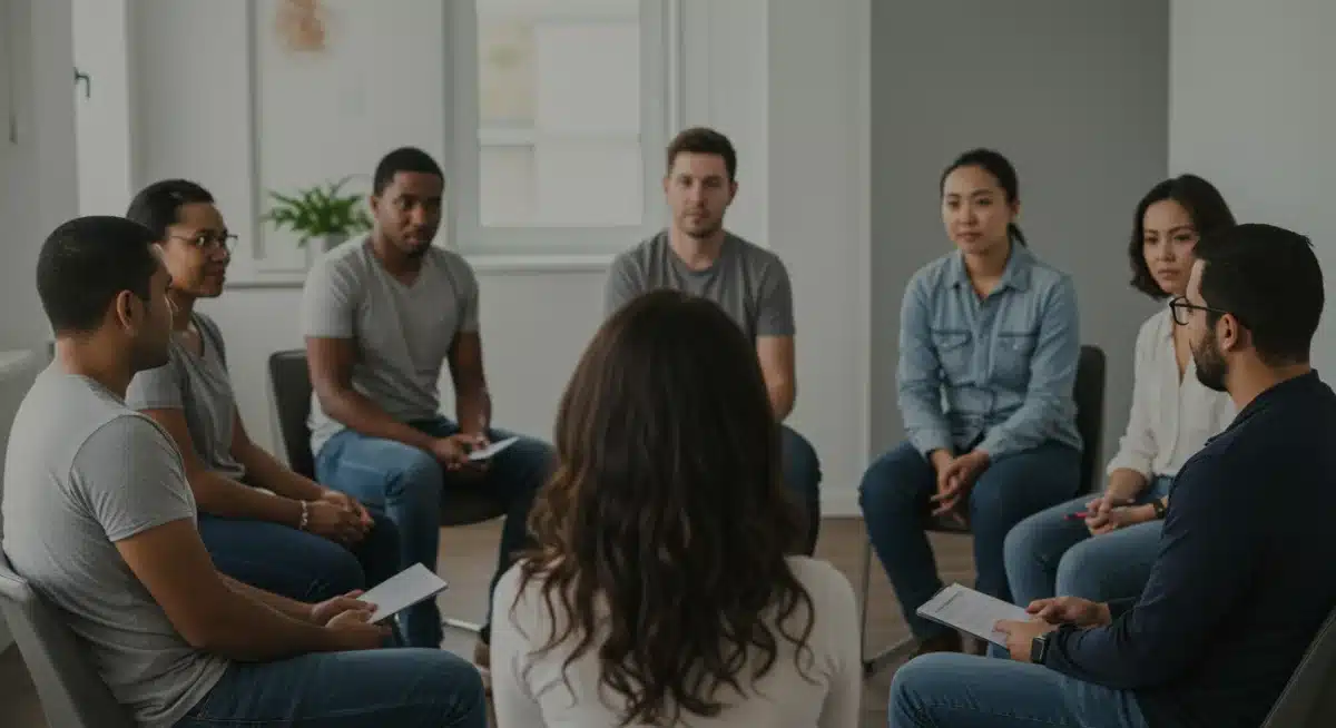 Diverse group in a supportive therapy session, representing community and recovery.