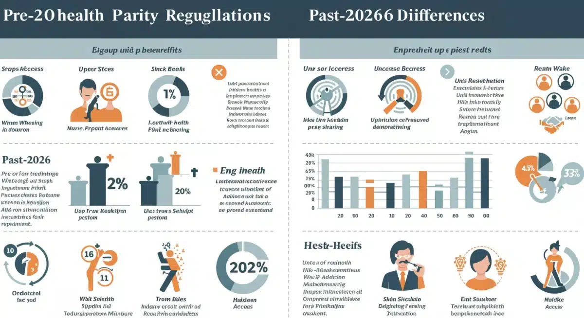 Infographic comparing mental health parity regulations before and after the 2026 updates, emphasizing increased benefits for addiction treatment.