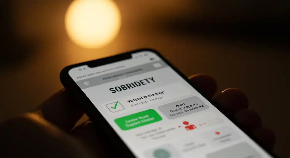 Smartphone displaying sobriety tracking app and virtual support notifications