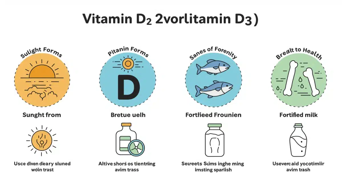 Infographic comparing vitamin D2 and D3 sources and benefits for adults