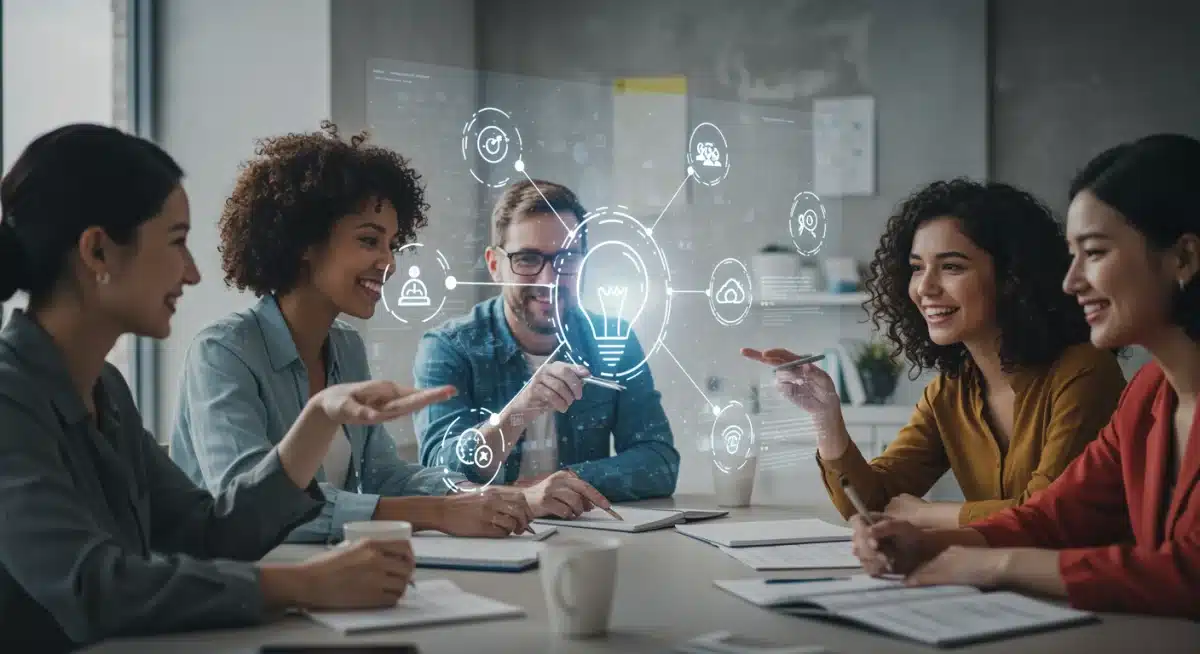 Diverse group collaborating around a holographic display, illustrating community resilience and adaptive problem-solving.