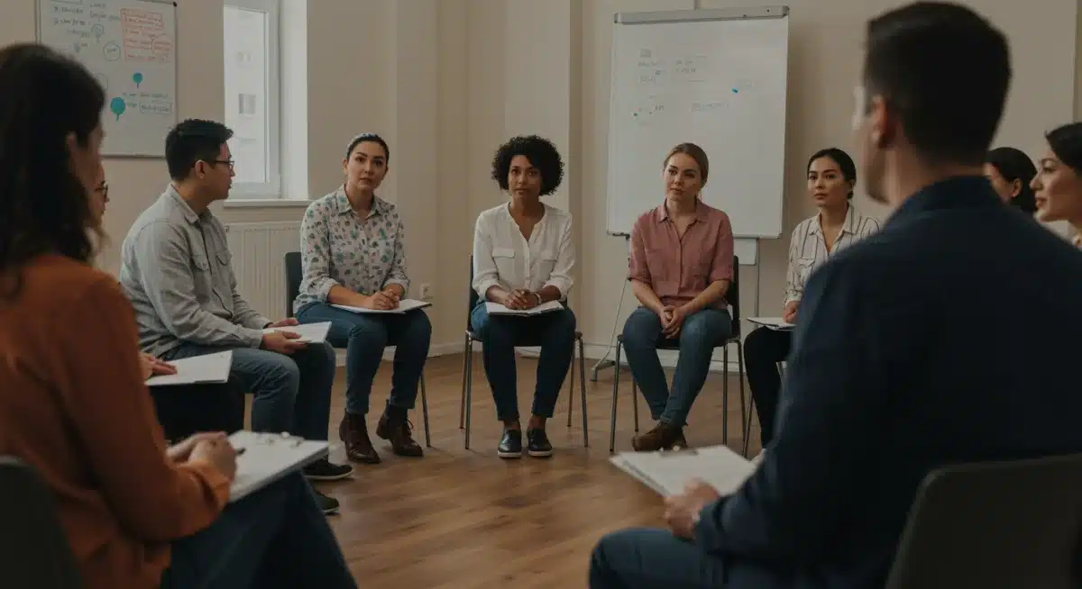 Diverse community support group discussing addiction and recovery