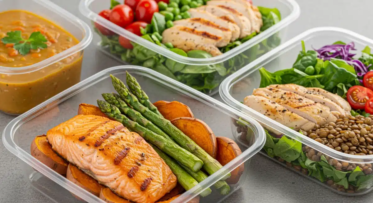 Variety of healthy, prepped meals in clear containers: salmon, salad, and soup.