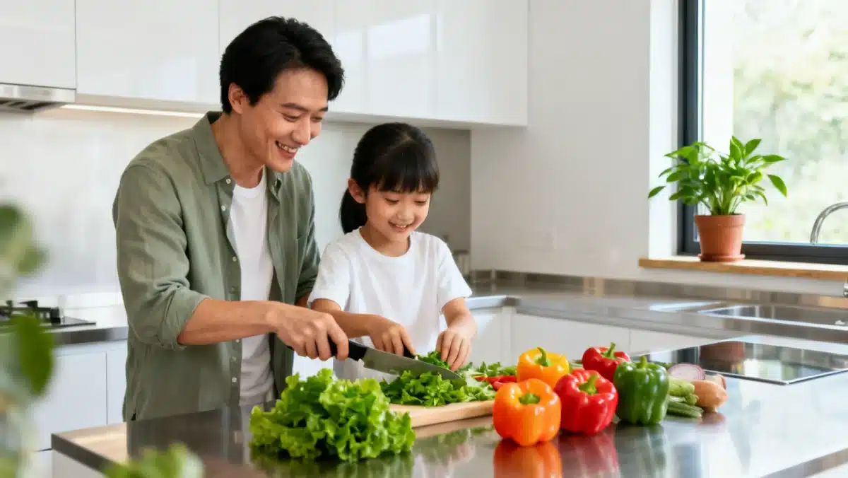 Parent and child preparing healthy plant-based meal