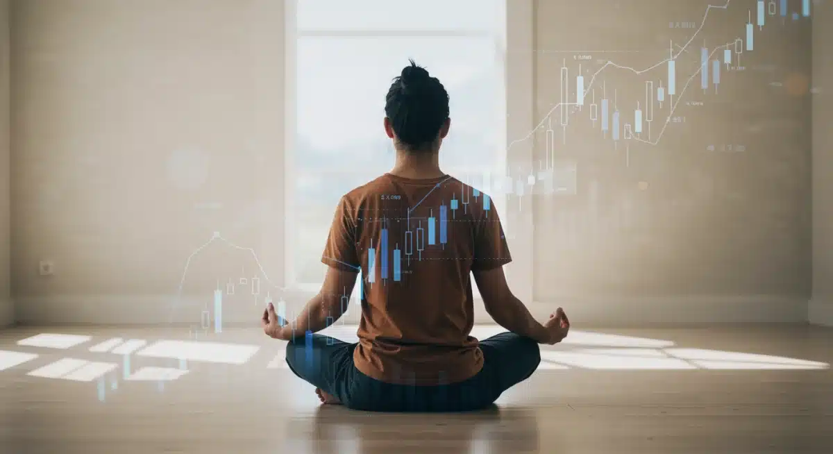 Person meditating with financial data overlay, symbolizing financial peace