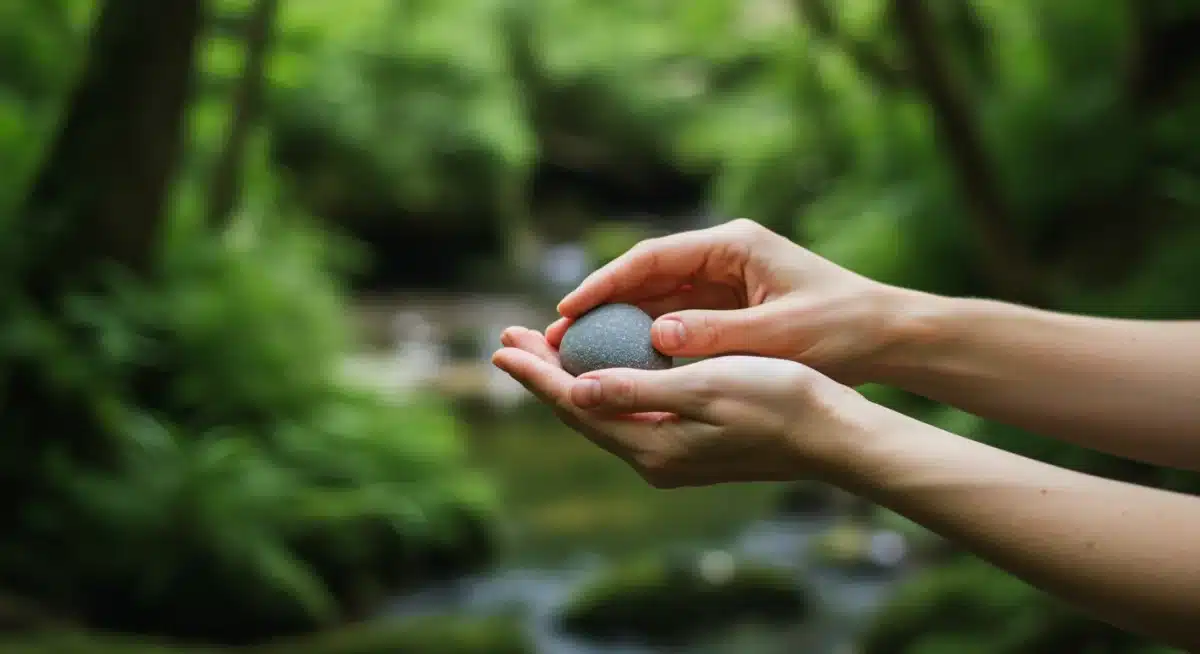 Hands holding a smooth stone for grounding mindfulness exercise
