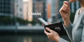 Person making mindful financial decisions on a smartphone in a US city