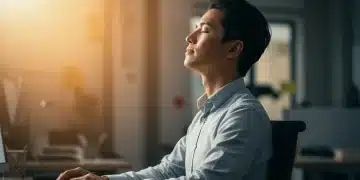 Woman practicing 5-minute mindfulness break at desk, boosting focus