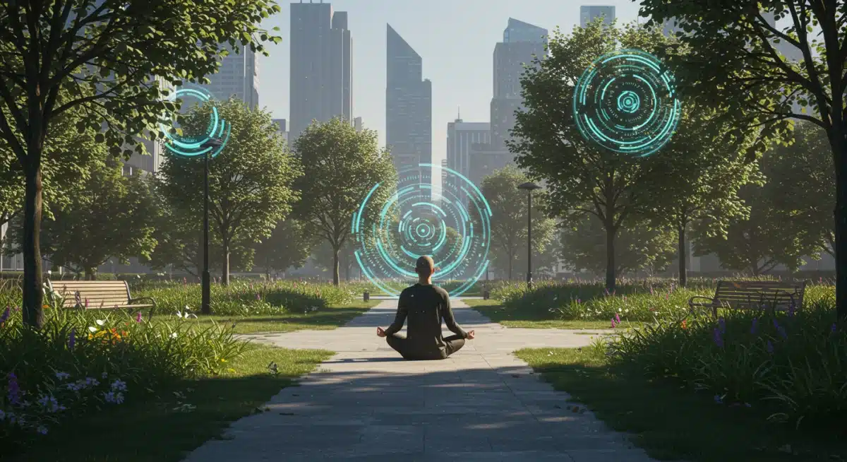 Person meditating peacefully in a modern park, symbolizing mindfulness amidst urban change.