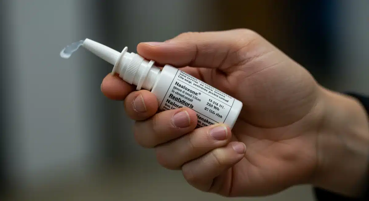 Hand holding Naloxone nasal spray for overdose reversal
