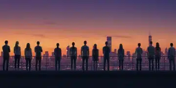 Diverse individuals calmly observing a futuristic city at dusk, symbolizing mindful navigation through change and uncertainty in 2026.