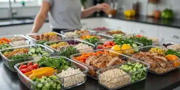 Organized meal prep containers on a kitchen counter with fresh ingredients, representing efficient healthy eating.