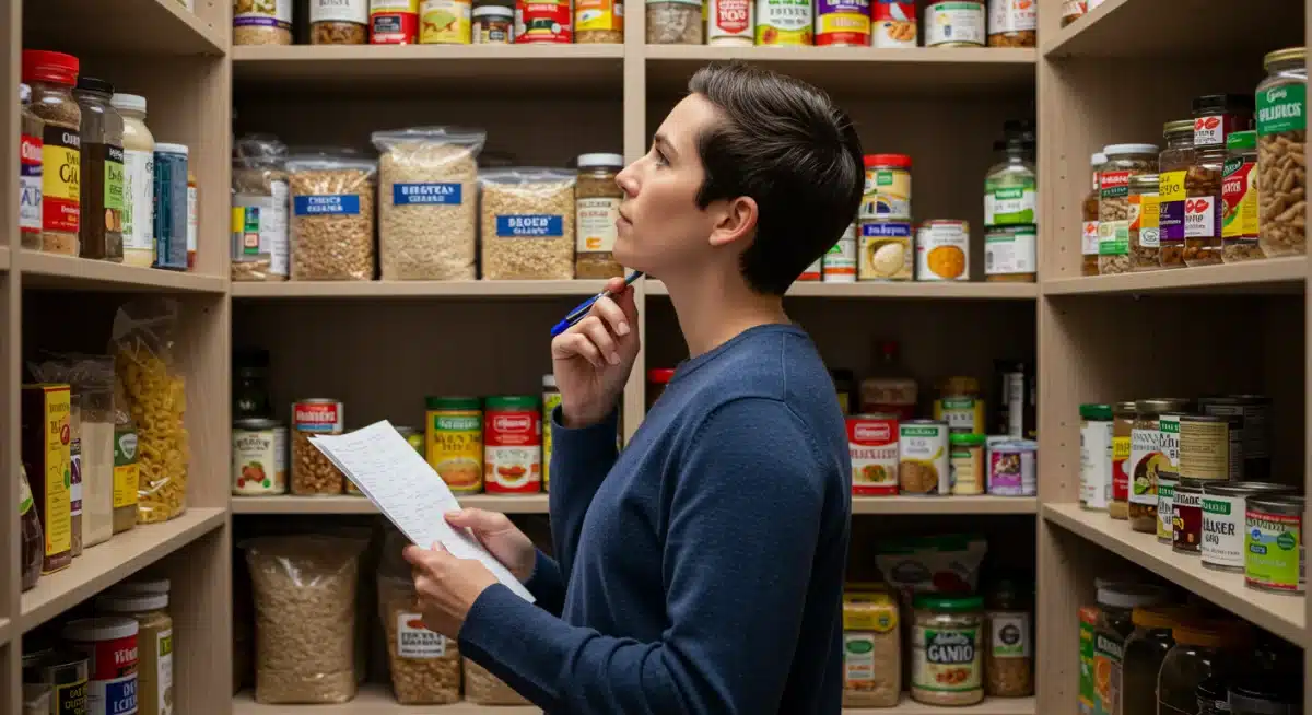 Person in a well-stocked pantry planning meals with a grocery list.