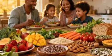 Colorful plant-based meal spread for an energetic family