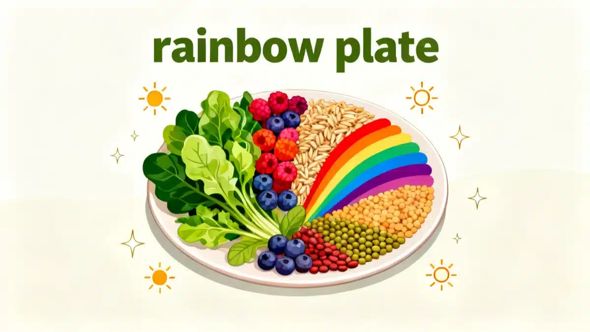 Infographic of a diverse rainbow plant-based plate for nutrition