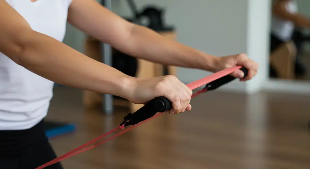 Hands holding resistance band during Pilates for joint health