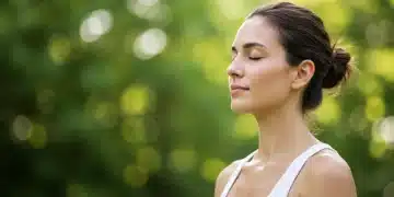 Serene person meditating outdoors, practicing mindful breathing for stress reduction