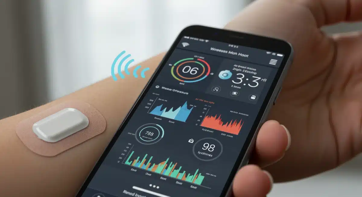Invisible wearable sensor patch transmitting real-time biometric data to a smartphone.