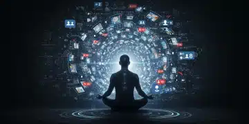 Person meditating calmly surrounded by digital noise and social media icons, symbolizing emotional resilience in the digital age.