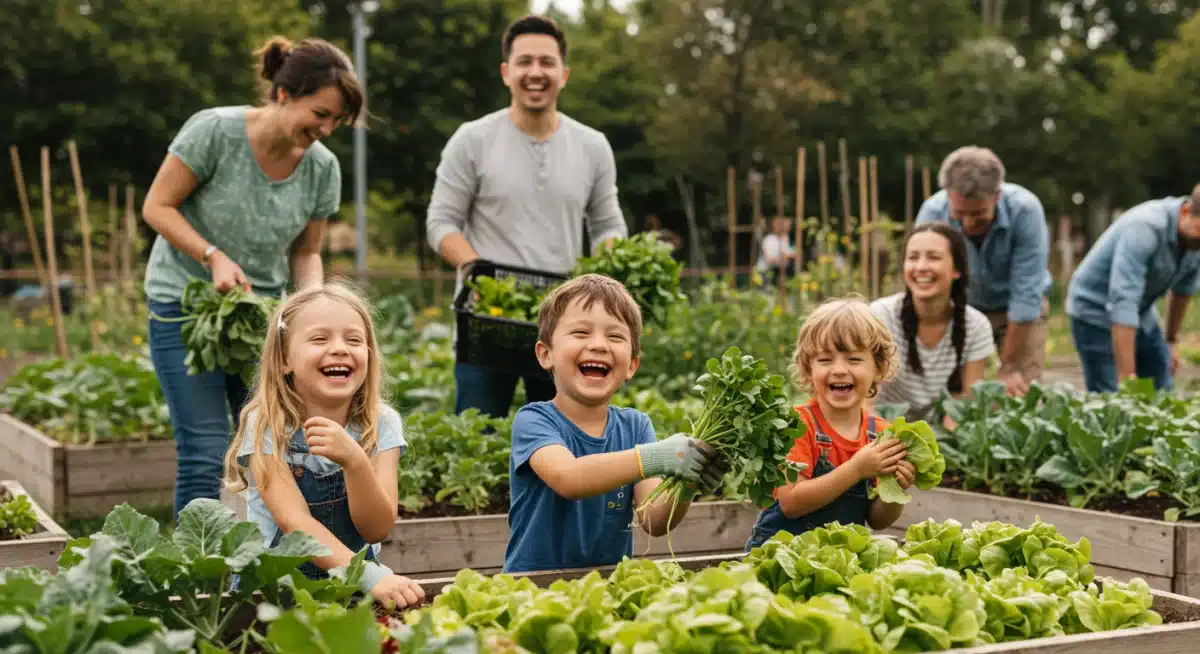 Family and community members actively gardening, harvesting fresh produce in a vibrant community garden.