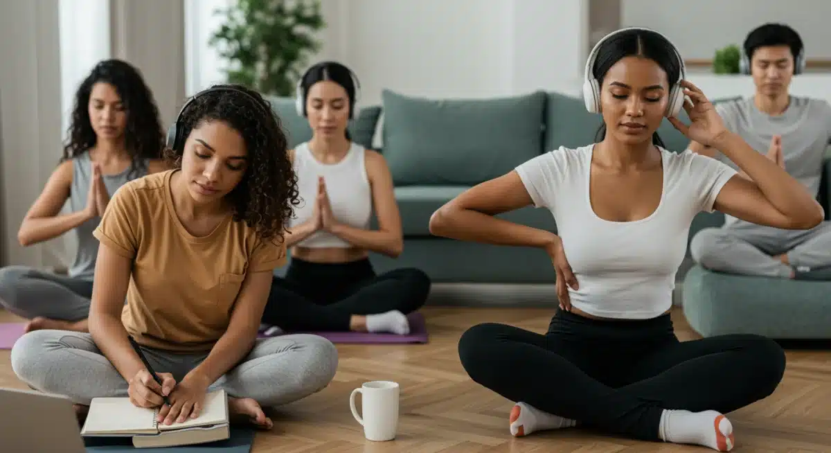 Diverse group practicing self-care: journaling, yoga, listening to music in a modern setting.