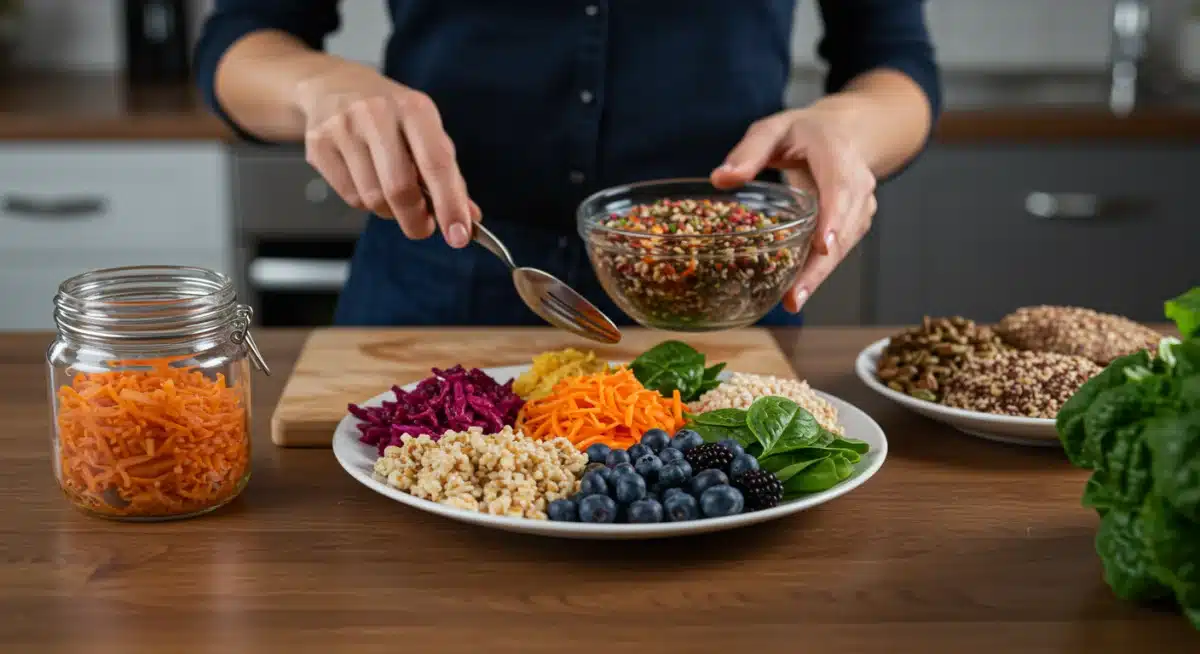 Person preparing a diverse, fiber-rich meal with fermented foods for gut health.