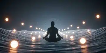 Futuristic person meditating calmly amidst glowing lights, symbolizing peace and advanced emotional management.