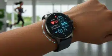 Futuristic smartwatch displaying health data on a wrist, symbolizing advanced wearable tech in 2026.