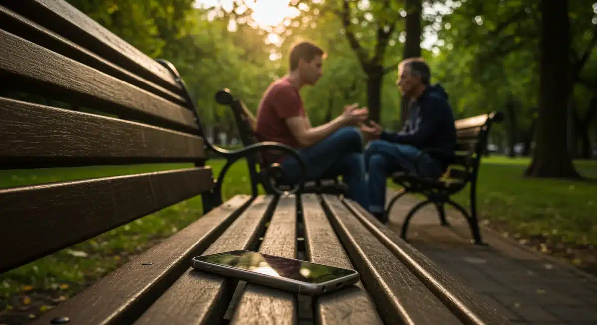 Two people having a genuine face-to-face conversation in a park while a smartphone rests deactivated.