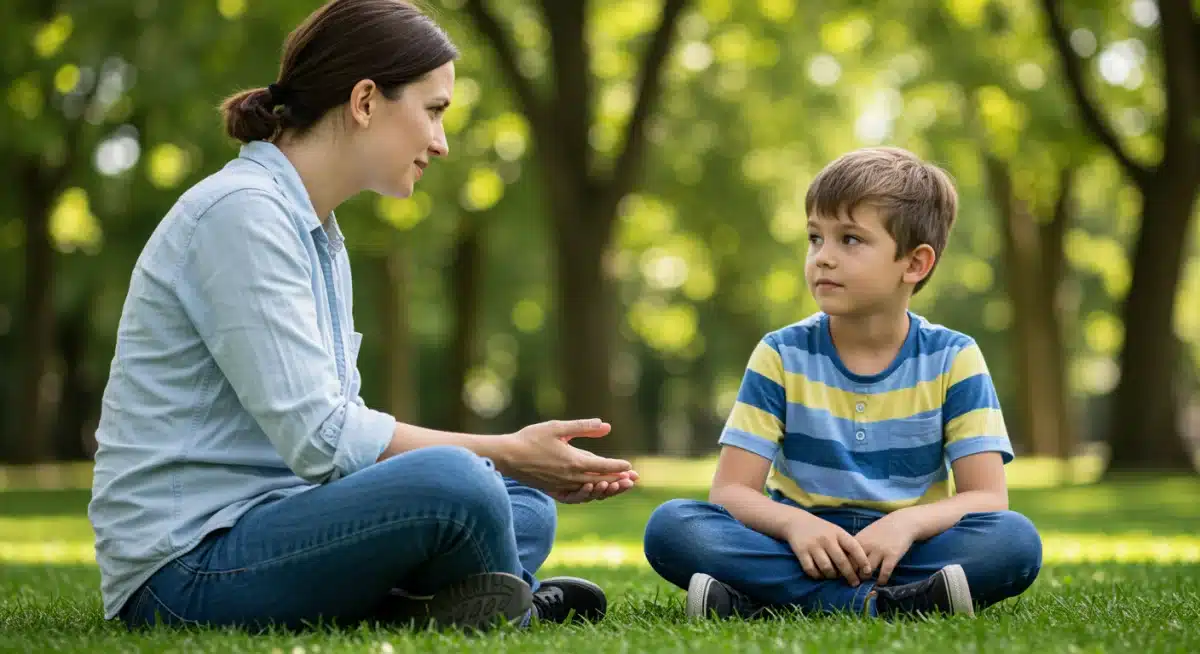 Parent actively listening to child in a park, demonstrating mindful communication.