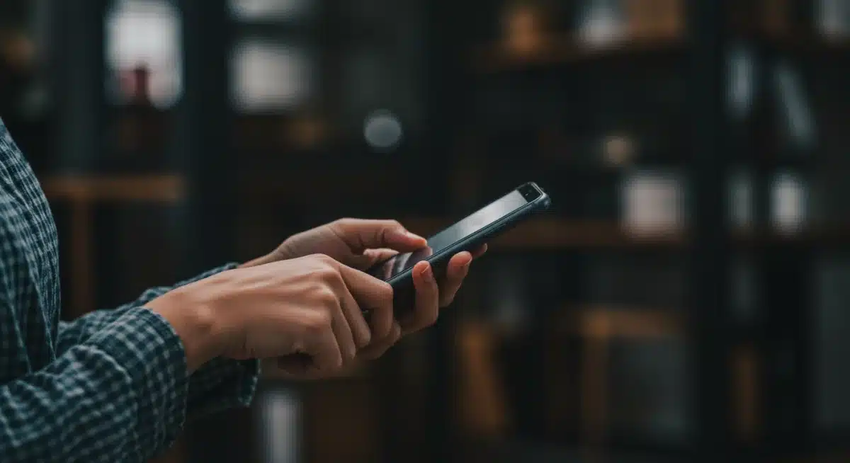 Mindful smartphone use with blurred digital distractions, illustrating digital boundary setting.