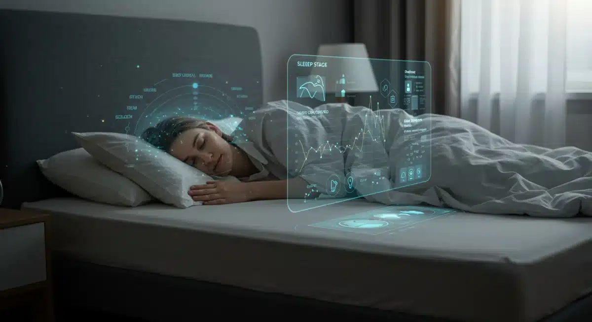 Person sleeping with smart mattress sensors monitoring sleep patterns, displaying holographic sleep analysis.