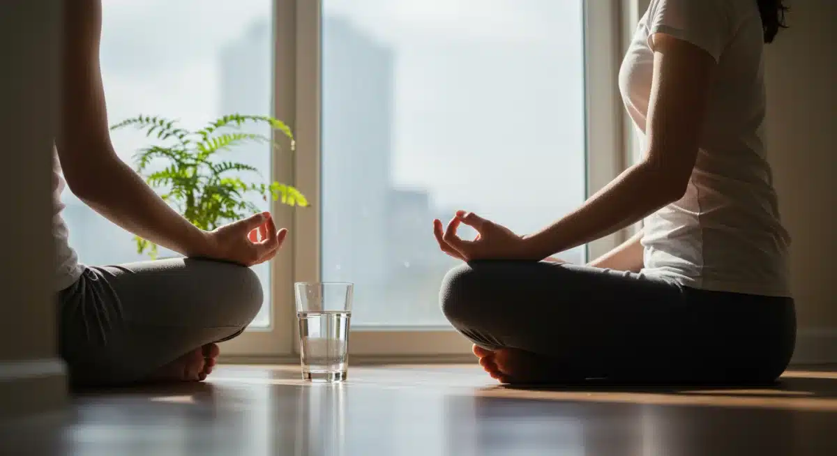 Person meditating peacefully, symbolizing stress reduction for improved gut health.