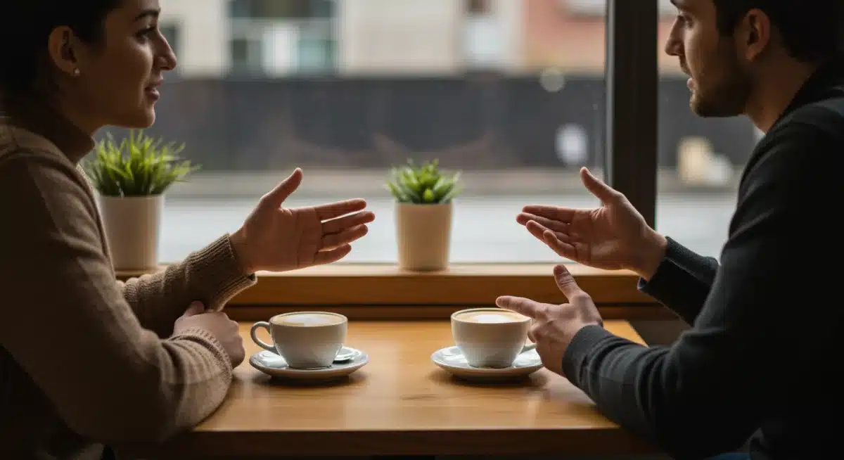 Two friends having a supportive and empathetic conversation in a cafe