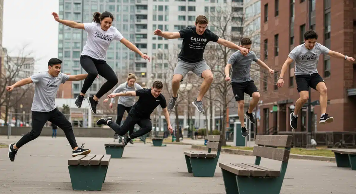 Urban parkour enthusiasts training in a city park, demonstrating dynamic and agile movements.