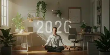 Professional meditating at a desk, achieving work-life balance in 2026