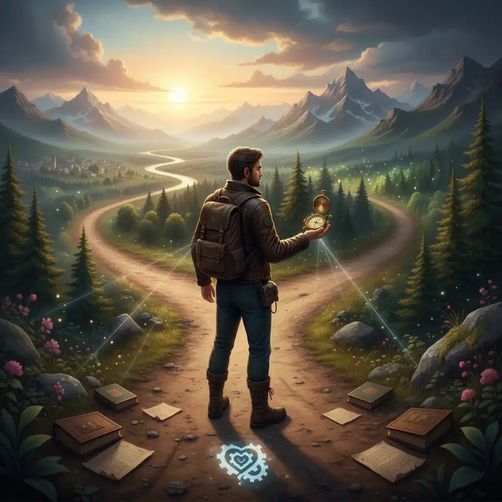 Person at crossroads with compass, symbolizing aligning actions with values and conscious choices.
