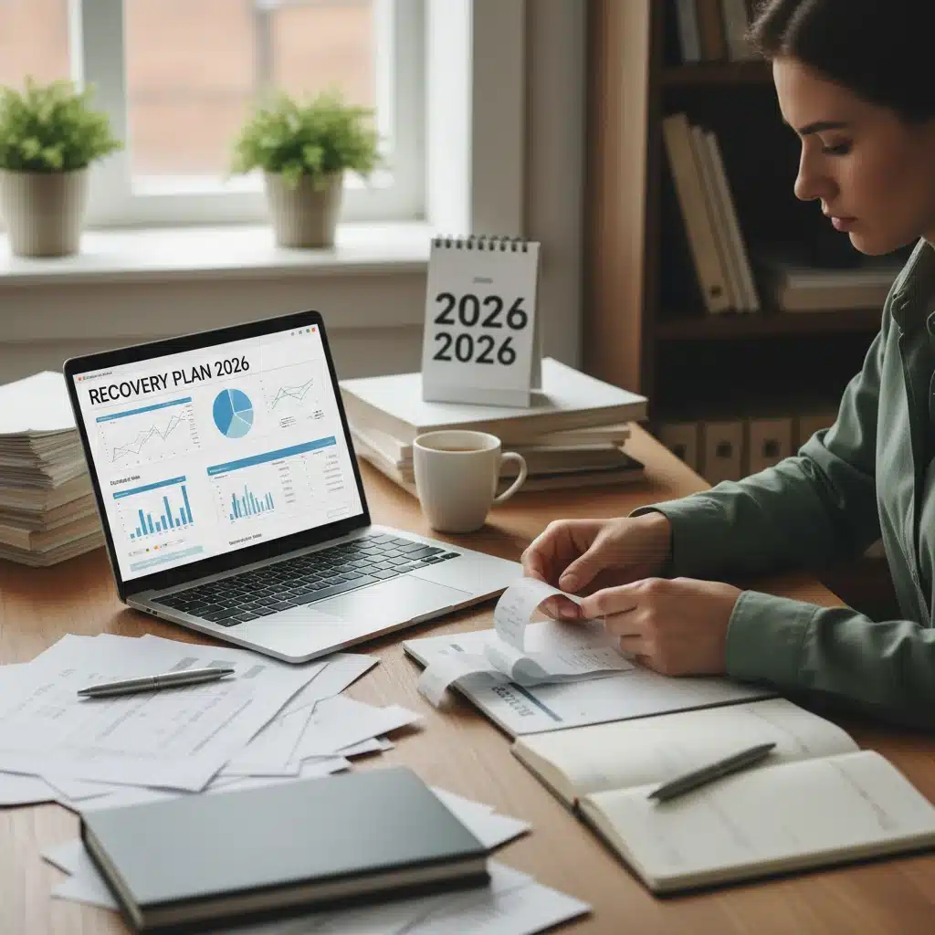 Individual managing financial documents and budgeting software for recovery.