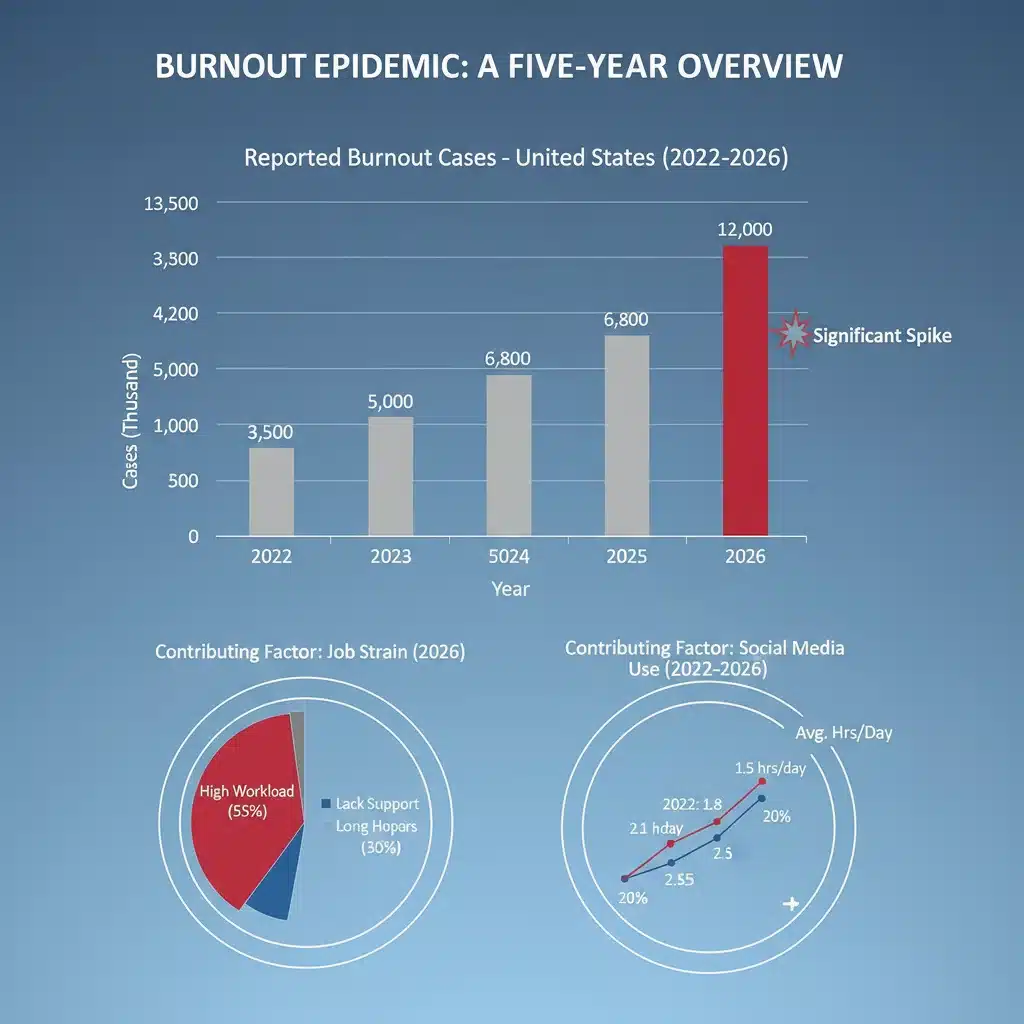 Bar graph showing increasing emotional burnout cases in the US, 2021-2026.