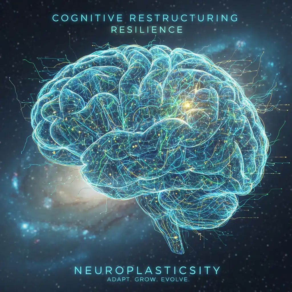 Glowing neural pathways in a digital brain, representing cognitive restructuring and brain plasticity.