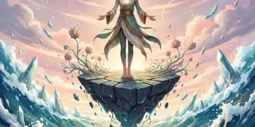 Person calmly navigating turbulent abstract landscape, symbolizing emotional agility and resilience.