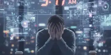 Person overwhelmed by digital screens, depicting emotional burnout in modern America.