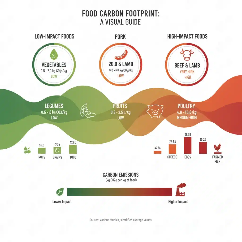Infographic showing carbon footprint comparison of different food groups, highlighting environmental impact of dietary choices.