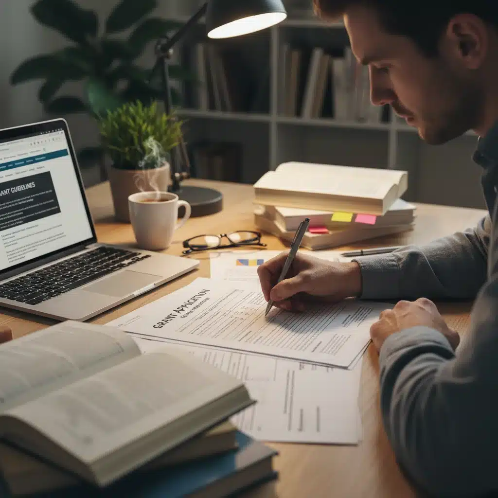 Person focusing on a grant application, detailed paperwork, research, SAMHSA guidelines