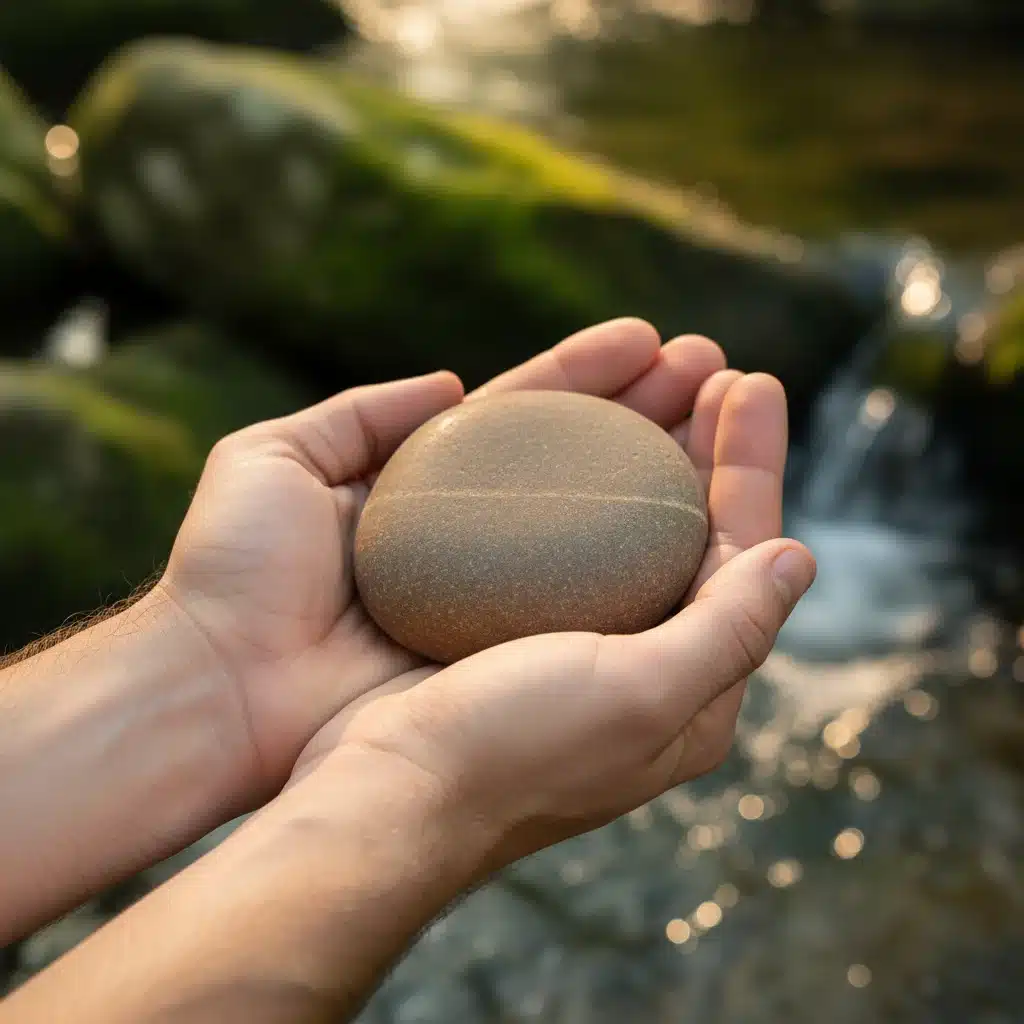 Hands holding a smooth river stone, symbolizing grounding and present moment awareness