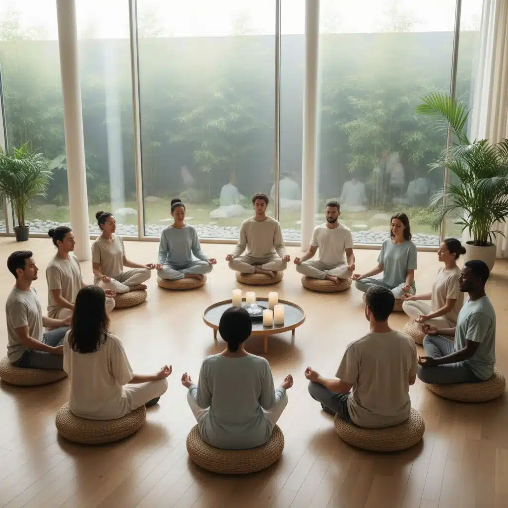 Diverse group meditating in a serene setting, practicing mindfulness for stress reduction.