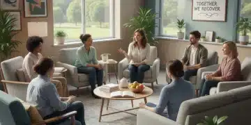 Group therapy session for substance use disorder with diverse participants and a therapist.