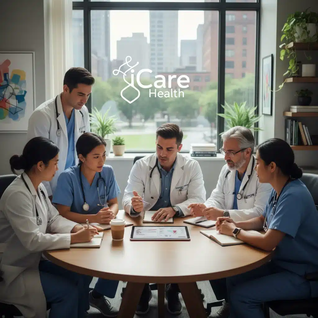 Multidisciplinary healthcare team collaborating on integrated care plans