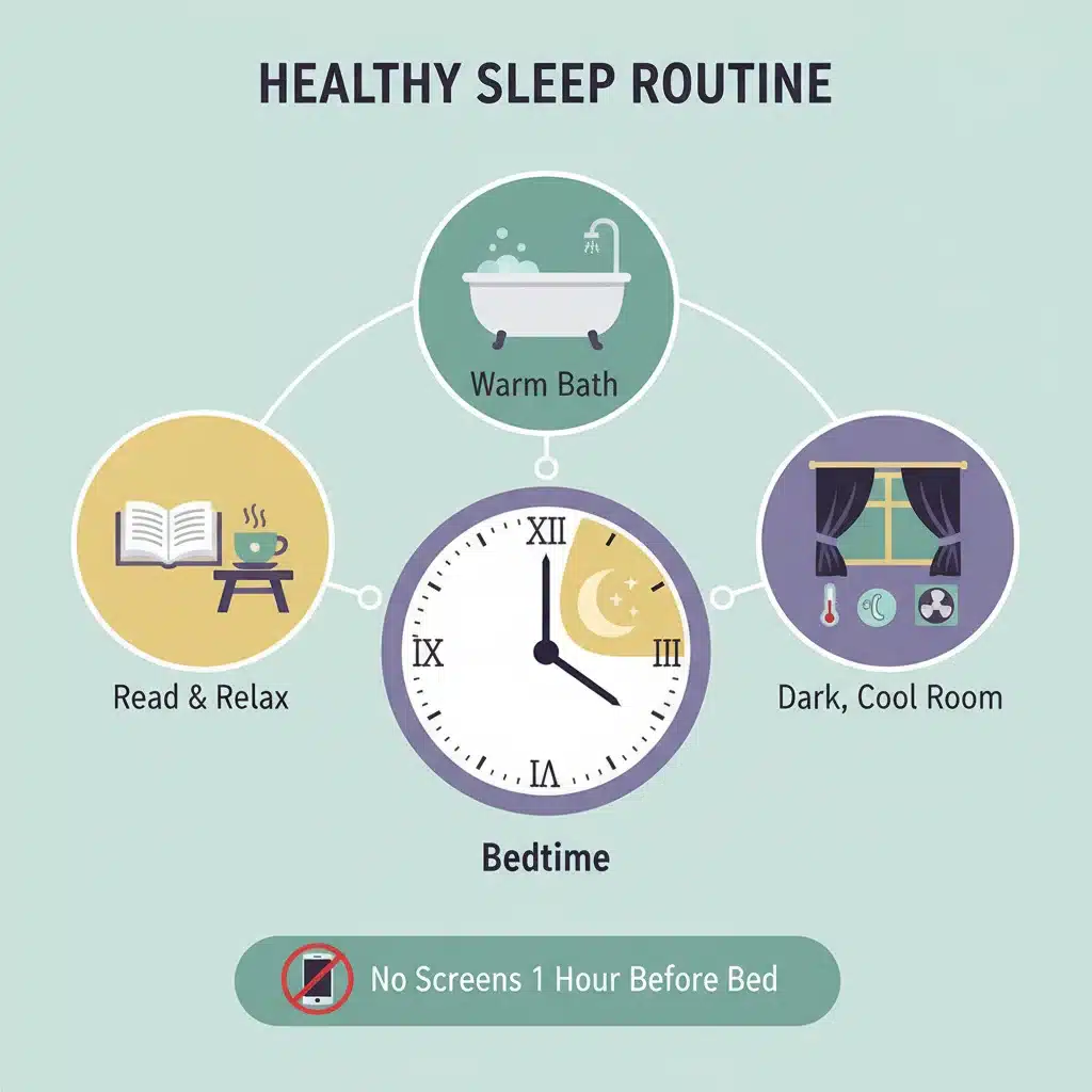 Infographic showing a healthy bedtime routine: reading, bath, dark room, no screens.