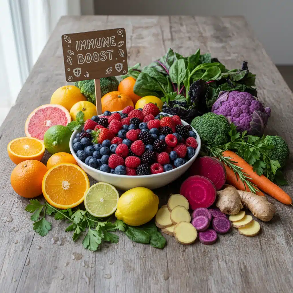 Colorful fresh fruits and vegetables for immune-boosting diet